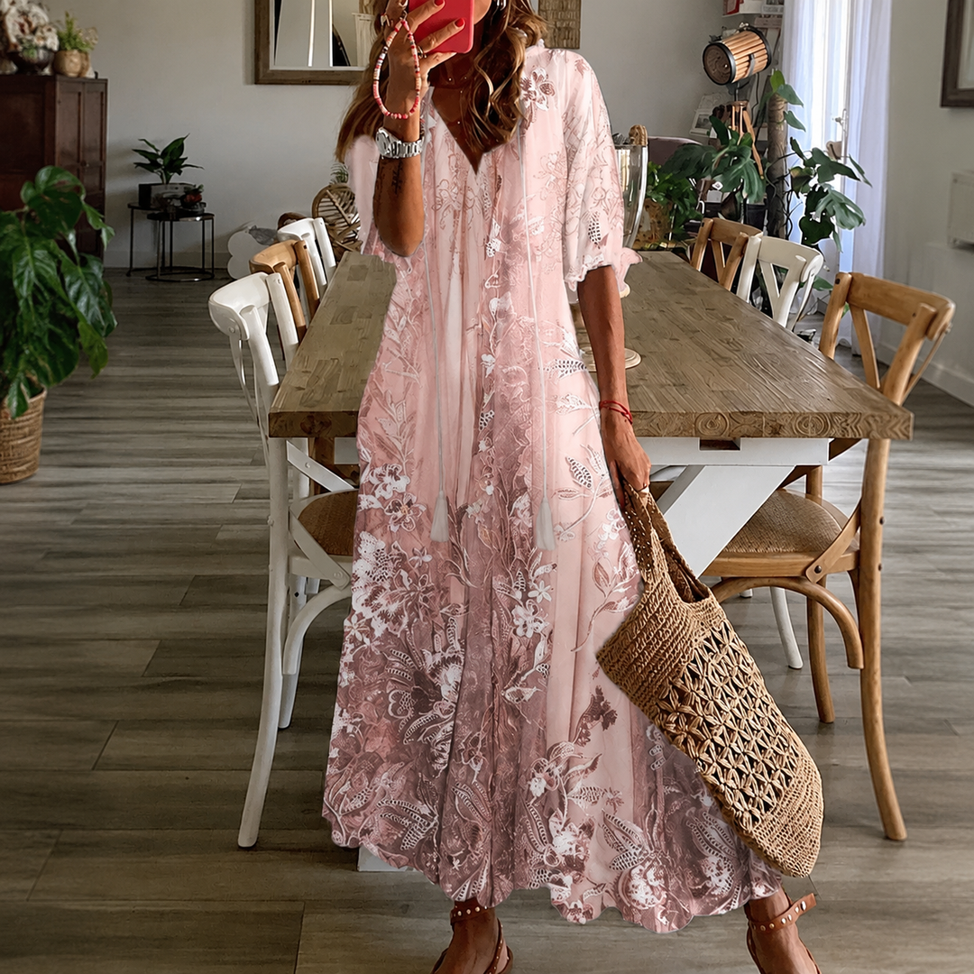 Women's floral print maxi dress with split neck & half sleeves, perfect for summer casual or vacation.