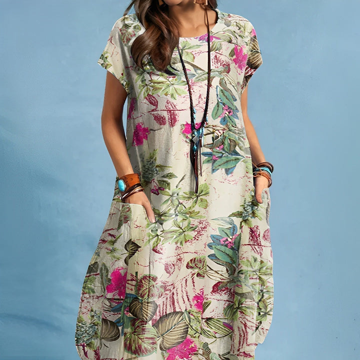 Relaxed fit women's floral midi dress, perfect for casual spring fashion, summer vacations, or everyday style.