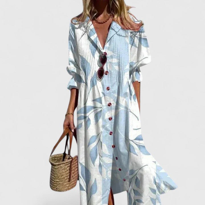 Women's floral print midi shirtdress with pintuck pleats, collar, and button-down front. Perfect for summer.