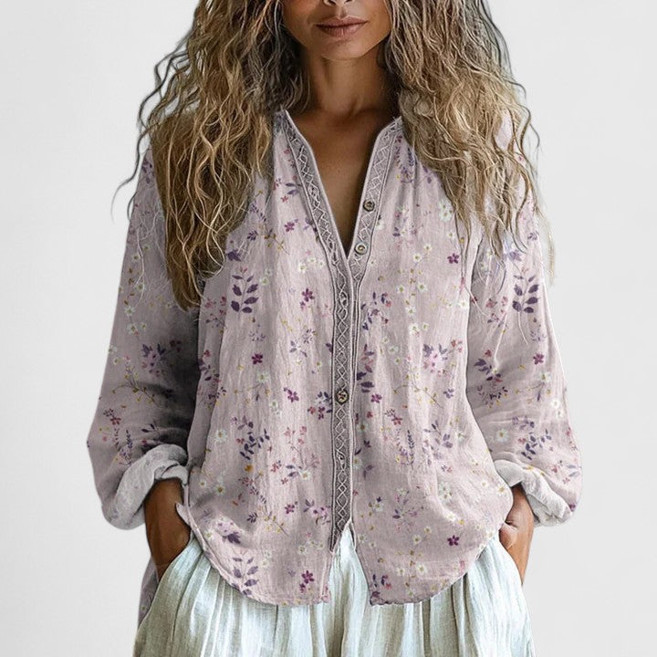 Bohemian style women's floral zip-front blouse in vibrant purple and pink, long sleeve lightweight casual top.