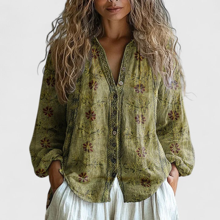 Green floral print women's lightweight zip-front blouse, long sleeve v-neck, great bohemian style layering piece.