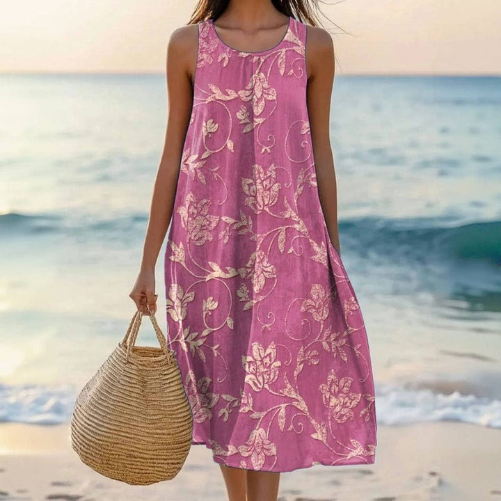 Women's floral scoop neck sleeveless oversized midi dress, perfect for casual summer wear or vacation fashion.