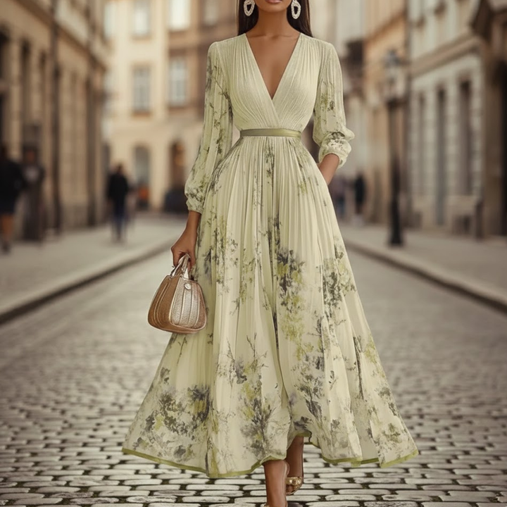 Women's floral V-neck maxi dress with long sleeves & pleated flared skirt. Elegant and flowy for spring/summer.
