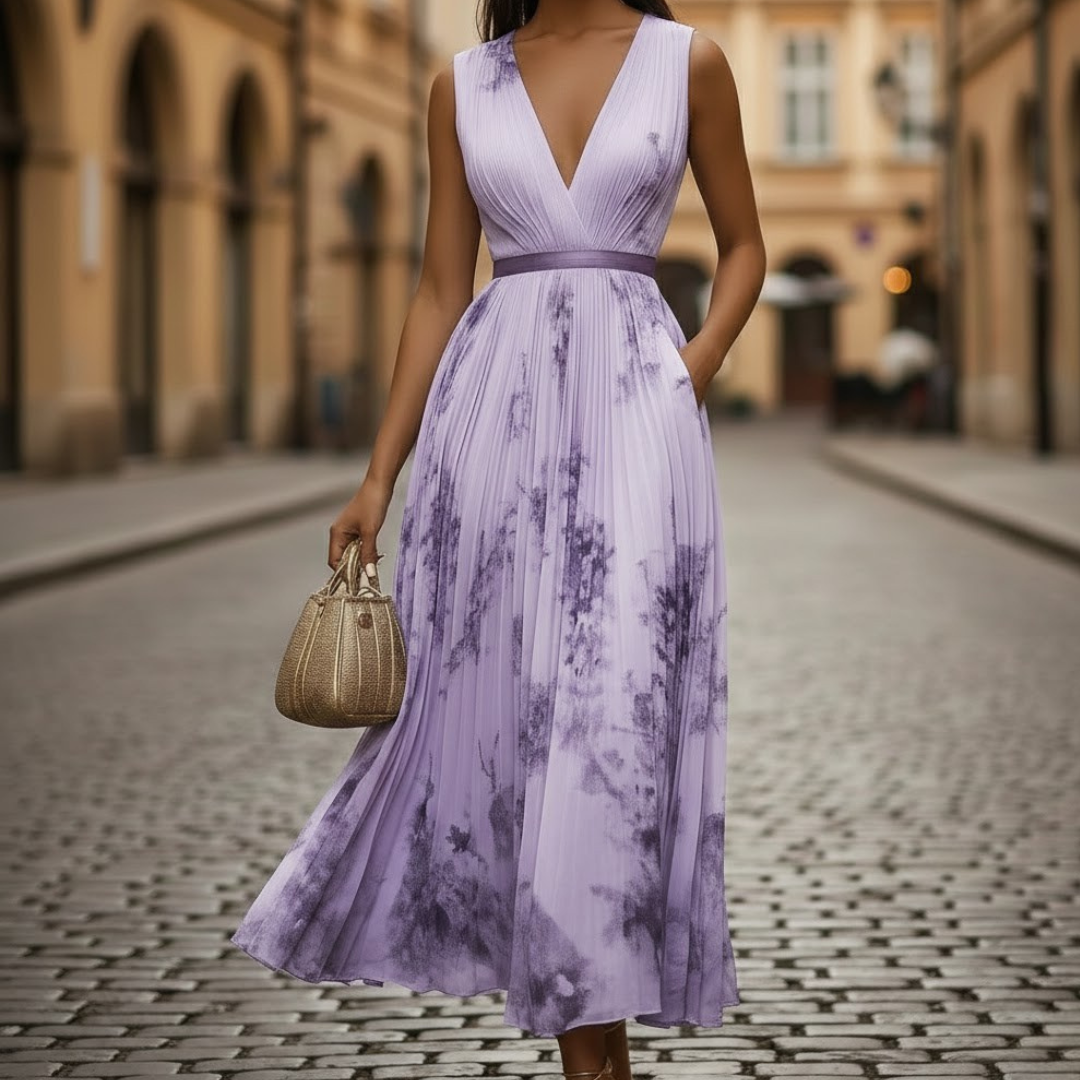 Pleated floral maxi dress for women, featuring a V-neck, long sleeves, and a stylish tie waist. Perfect for events.