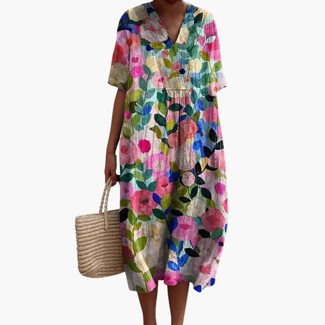 Stylish summer floral V-neck midi dress with pockets, ideal for vacation and travel.