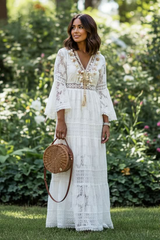 Women's flowing boho maxi dress with a stylish V-neck, perfect for summer vacations and elegant outings.