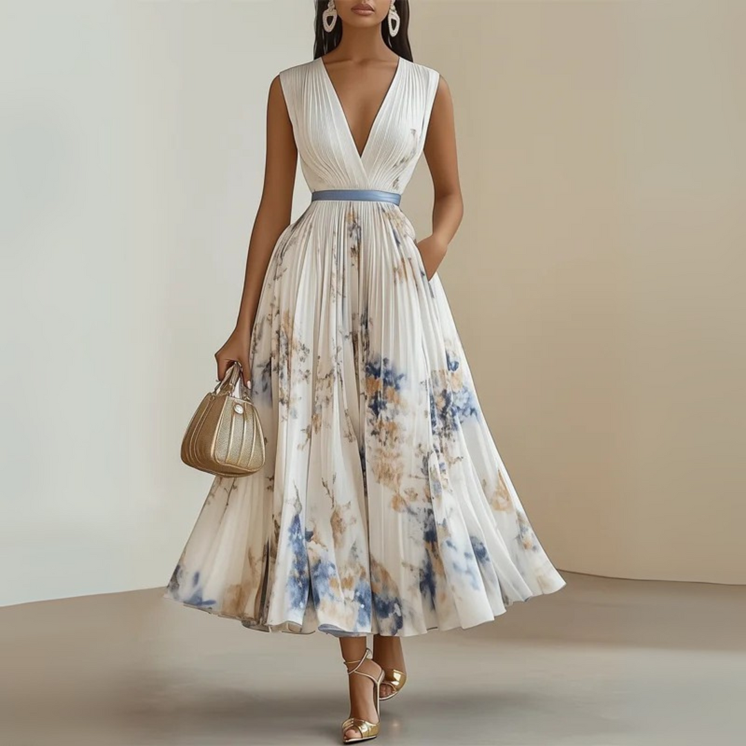 Elegant V-neck sleeveless maxi dress for women, flowing and versatile for day-to-evening summer wear.