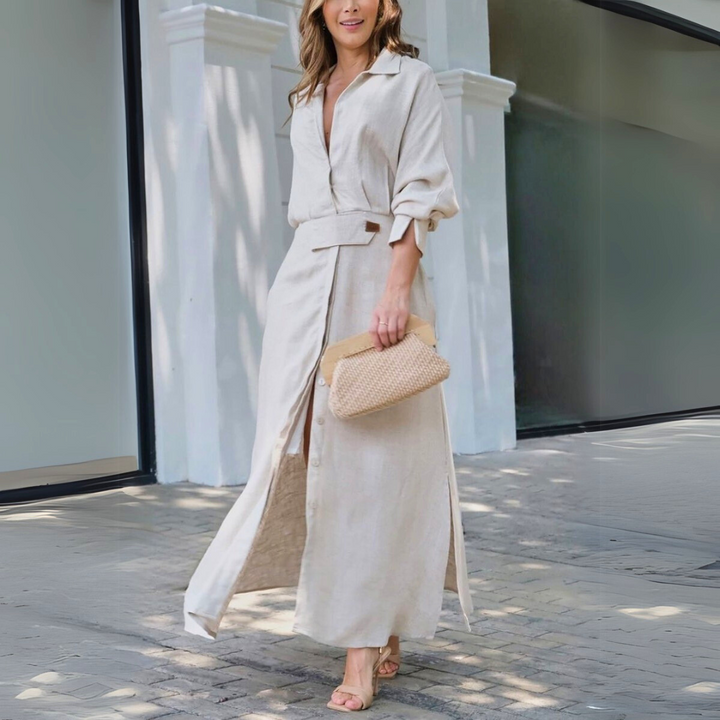 Women's flowing V-neck maxi dress, perfect for summer casual or elegant beachwear.