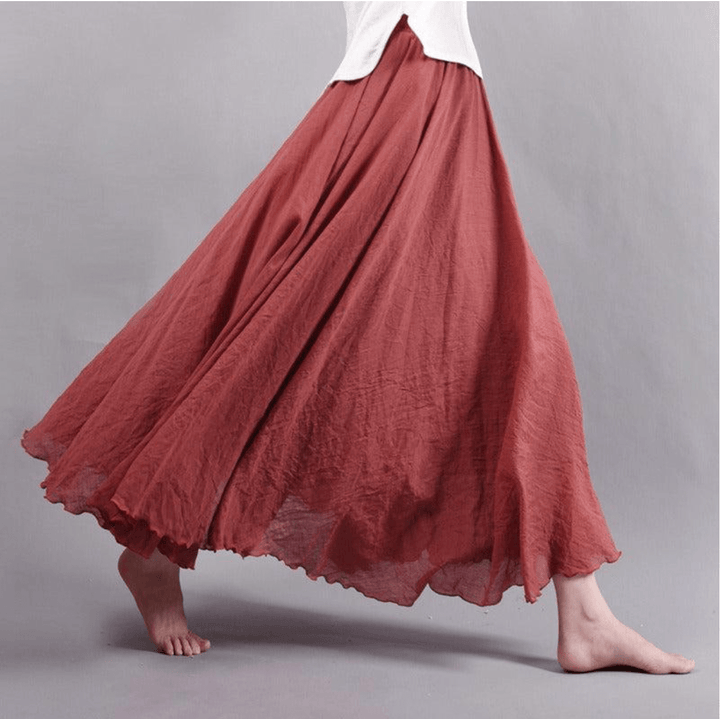 Versatile women's flowy A-line maxi skirt, bohemian style for summer, beach, vacation, and casual elegance.