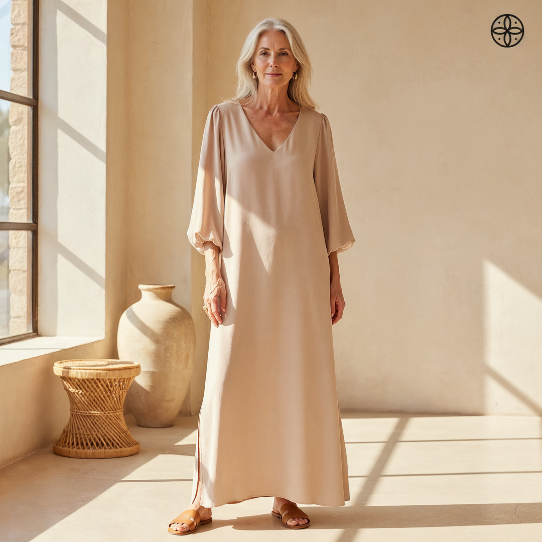 Women's flowy balloon sleeve maxi dress with V-neck and pockets, perfect for summer casual or elegant events.