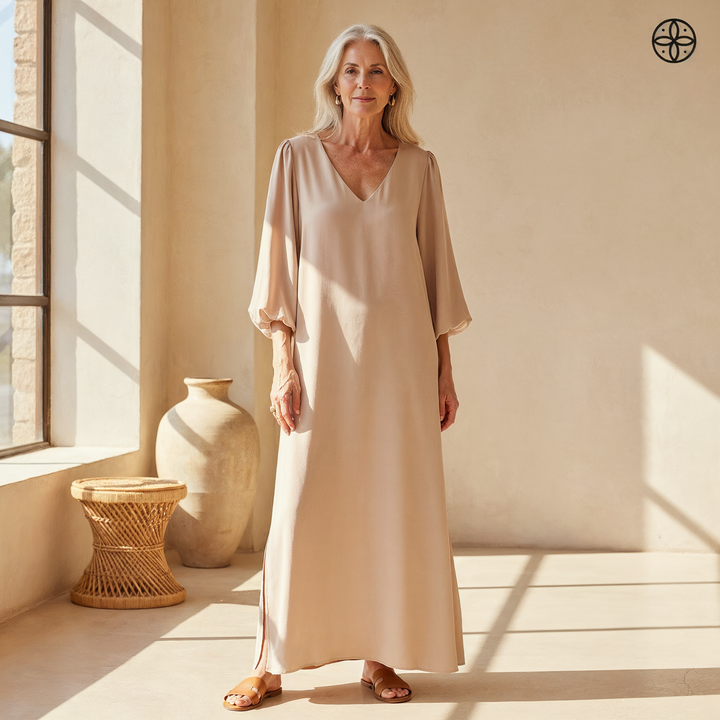 Women's flowy balloon sleeve maxi dress with V-neck and pockets, perfect for summer casual or elegant events.