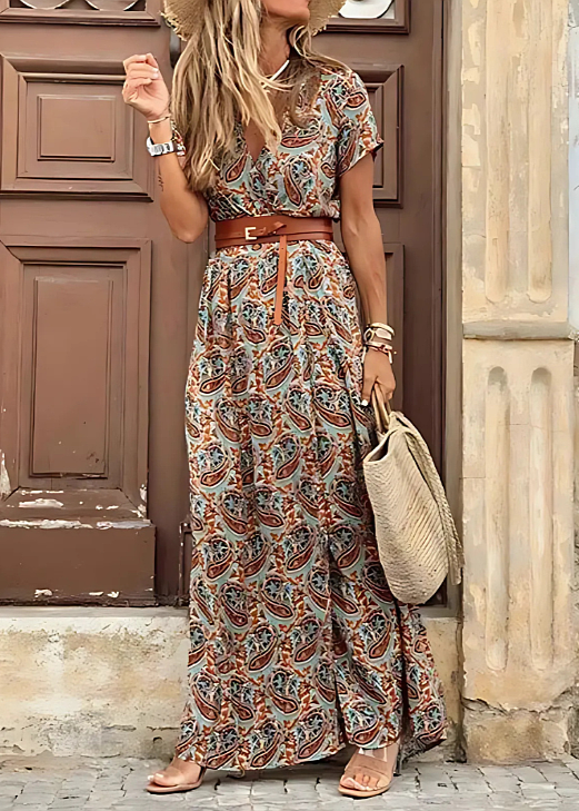 Bohemian chic women's flowy maxi dress with belt, a versatile and stylish choice for summer, casual, or vacation.