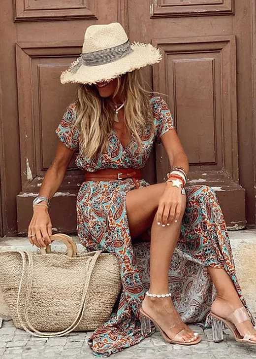 Comfortable and airy women's flowy boho maxi dress, designed for bohemian chic summer style and vacation wear.