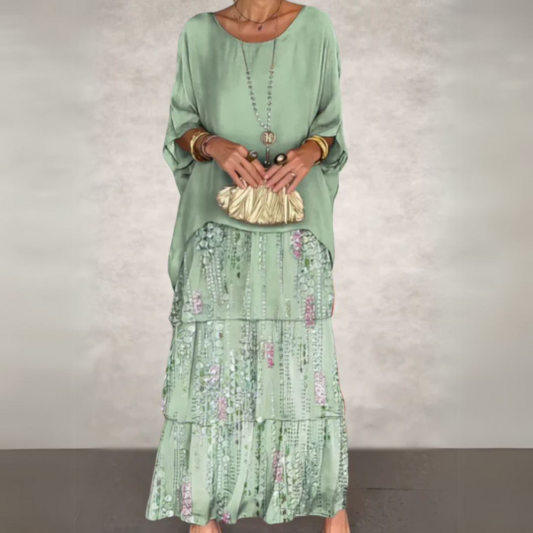 Beautiful women's flowy boho maxi dress set, an effortless layered two-piece vacation outfit for summer.
