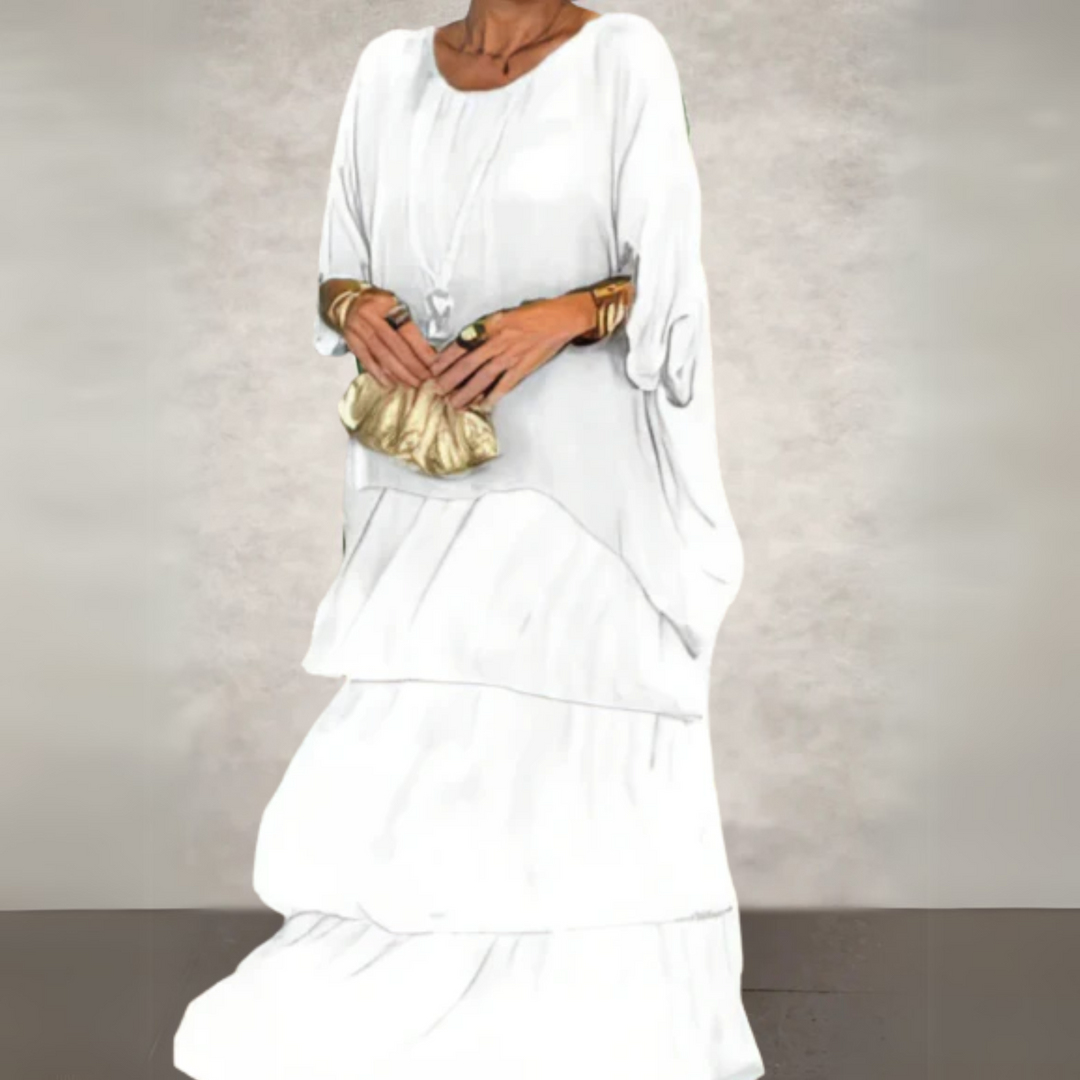 Boho maxi dress set for women, featuring a flowy batwing top & layered design, perfect for summer elegance.