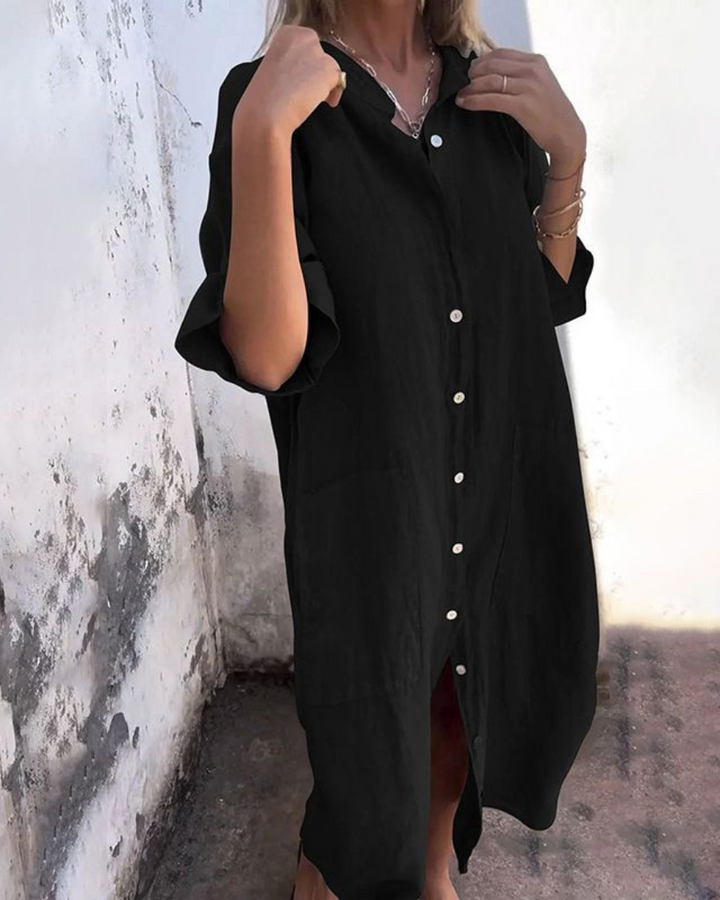 Boho midi shirt dress for women, featuring a loose, flowy design & adjustable waist for a comfortable fit.