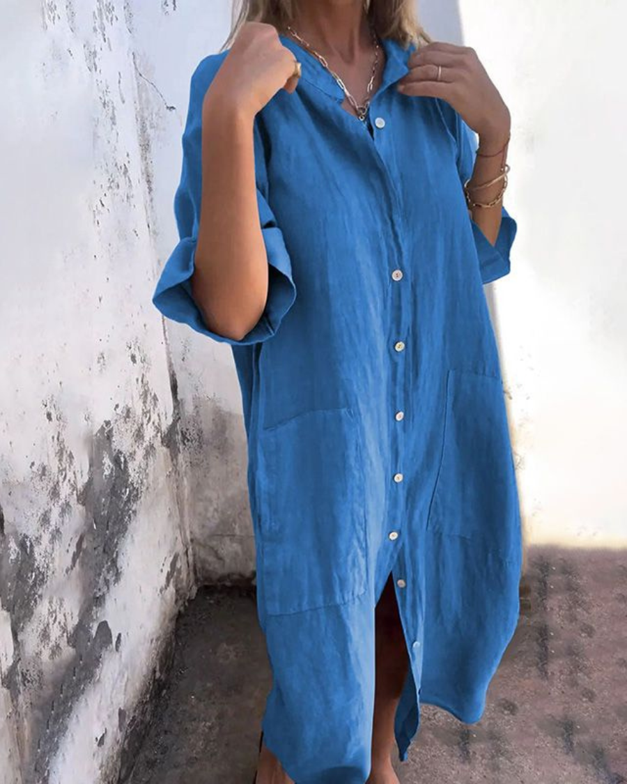 Versatile women's boho shirt dress, button-down front & adjustable waist. Ideal for travel or casual summer days.