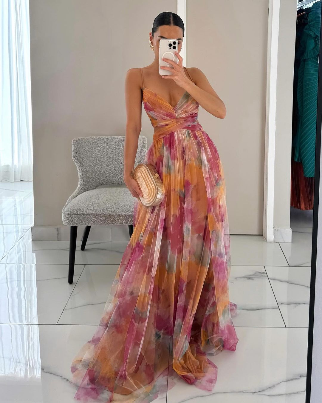 Comfortable women's maxi dress. Beautiful orange & green floral print, flowy design.