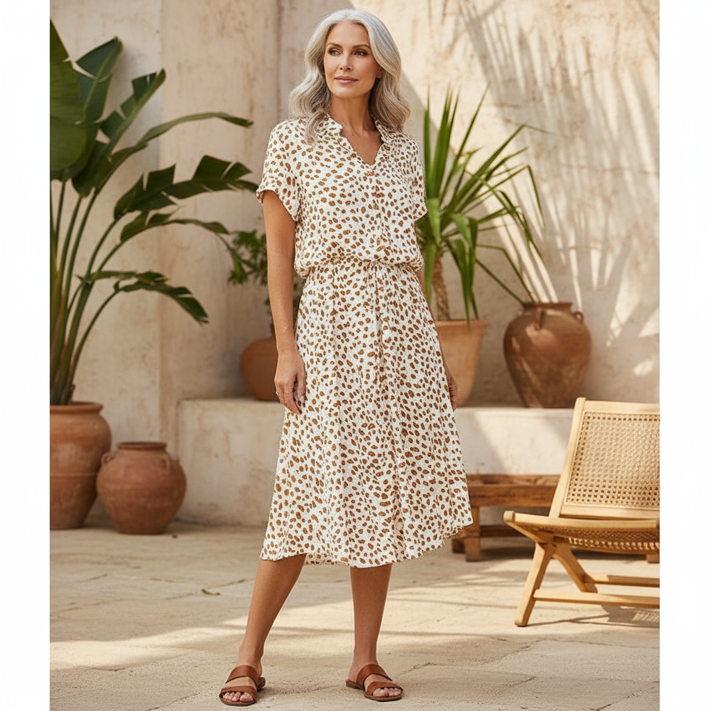 Women's flowy printed summer midi dress for warm weather. Perfect casual sundress for vacation fashion.