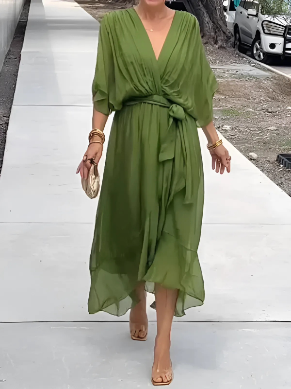 Women's flowy V-neck belted maxi dress for summer style & vacation wear.