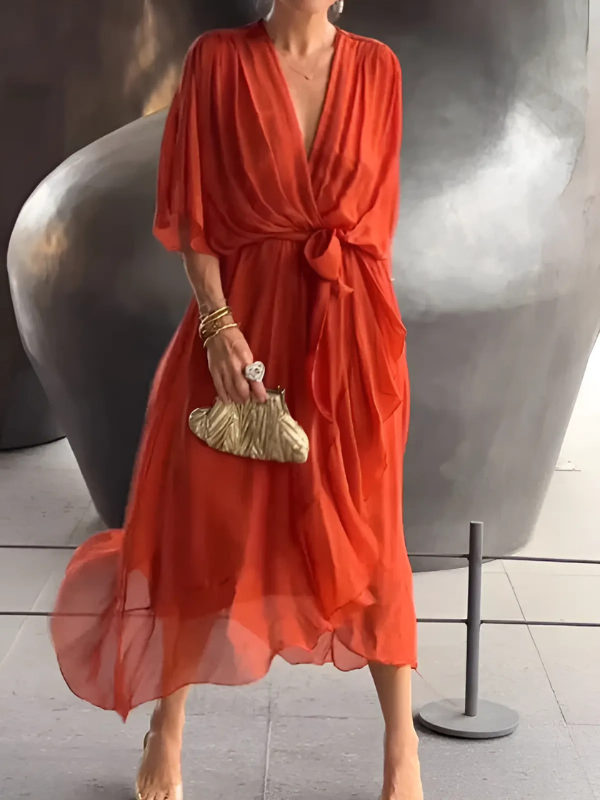 Comfortable belted V-neck maxi dress for women, ideal for everyday summer wear.