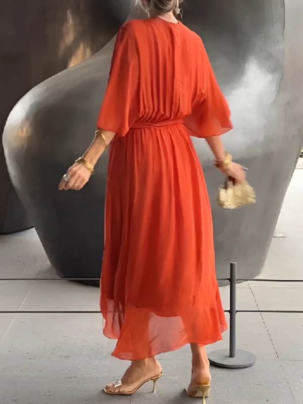 Elegant long flowy V-neck women's maxi dress with a flattering tie belt.