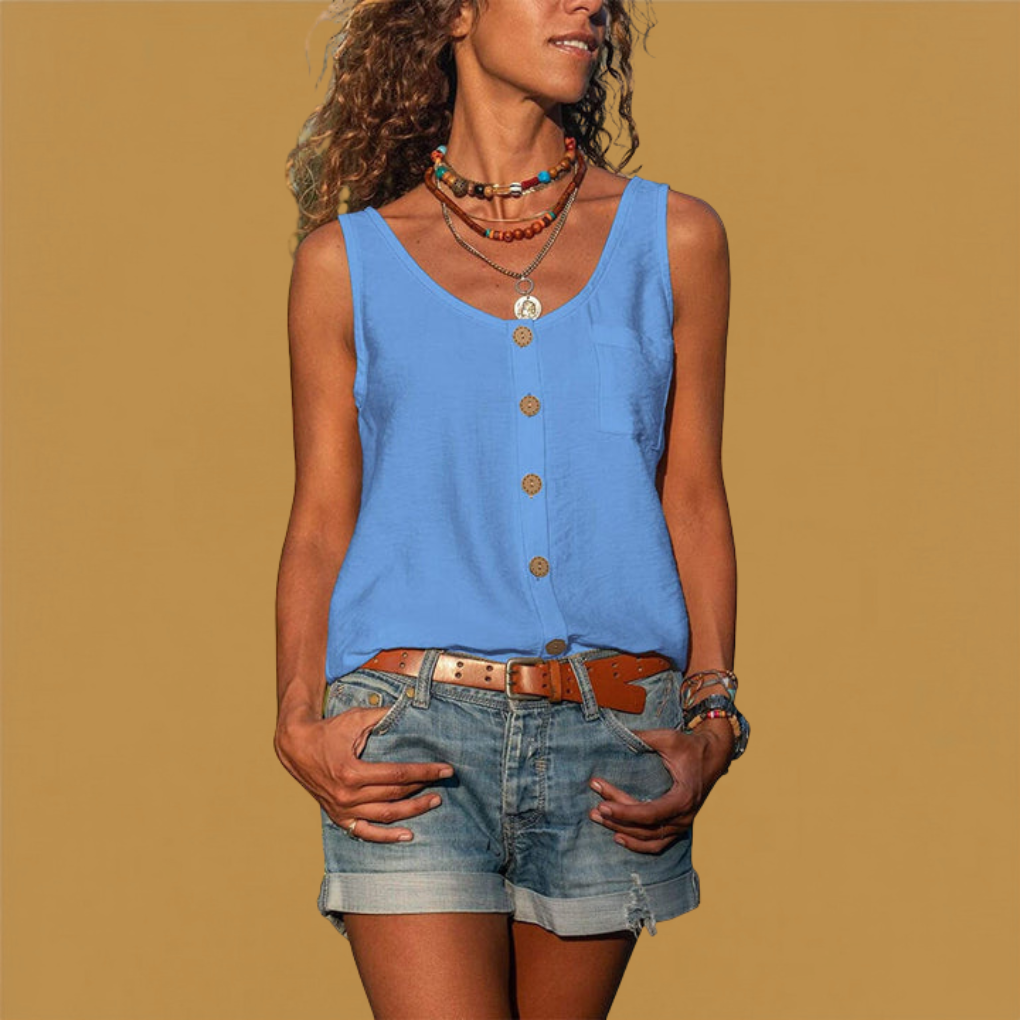 Women's V-neck sleeveless flowy top. Casual button-down design for summer and spring apparel.