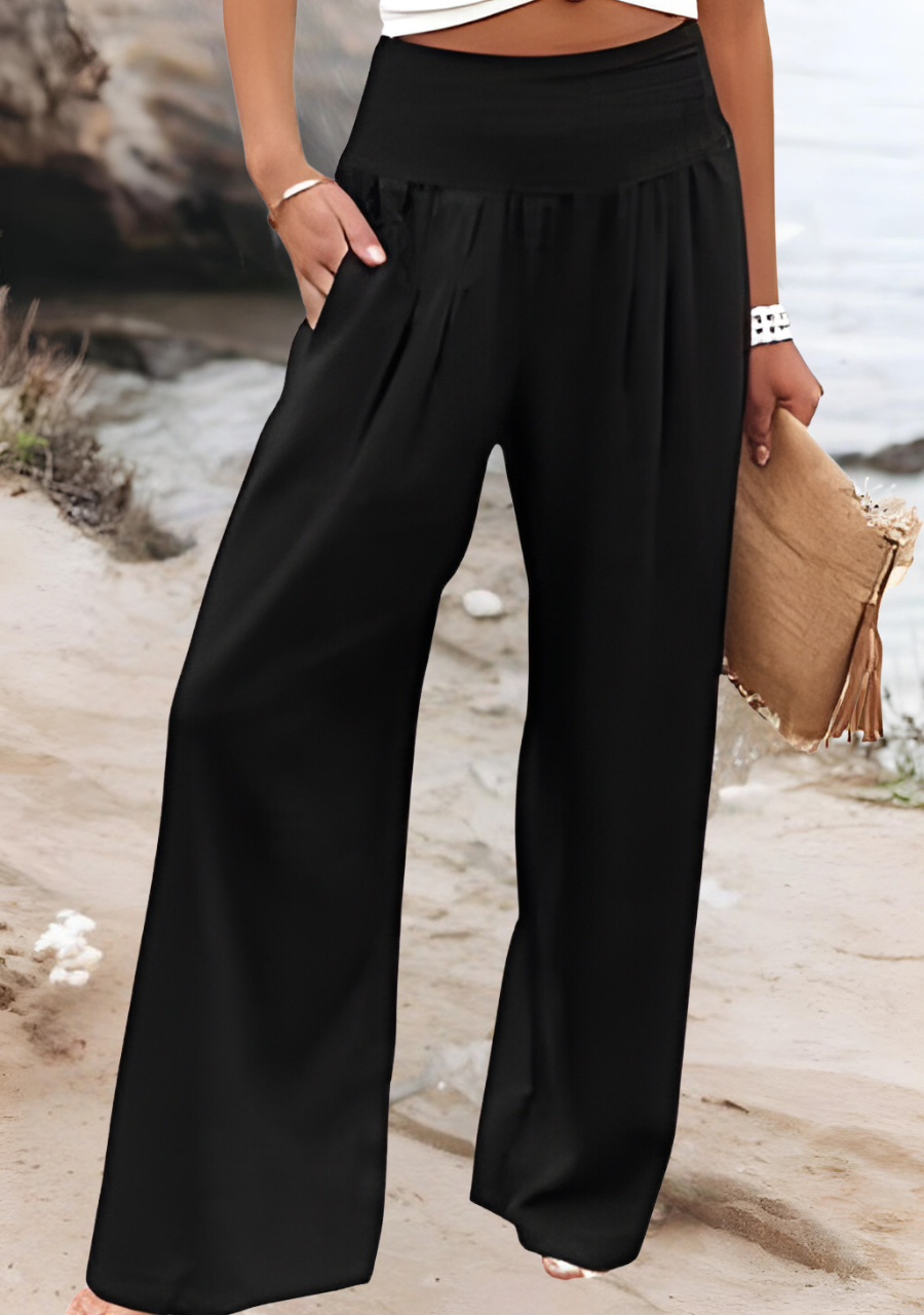 Comfortable women's flowy wide leg trousers. Ideal for beach, vacation outfits & casual summer fashion.