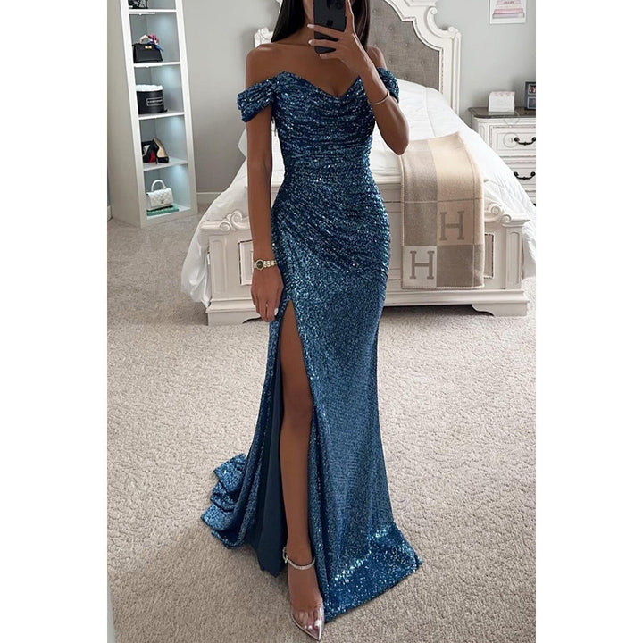 Back of elegant women's sequin off-shoulder evening gown. Bodycon maxi design, perfect for glamorous formal parties.