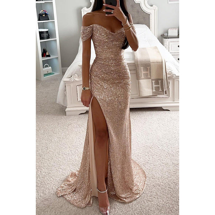 Close-up: Intricate sequin detail on women's off-shoulder formal dress. Luxurious texture, perfect for any gala event.