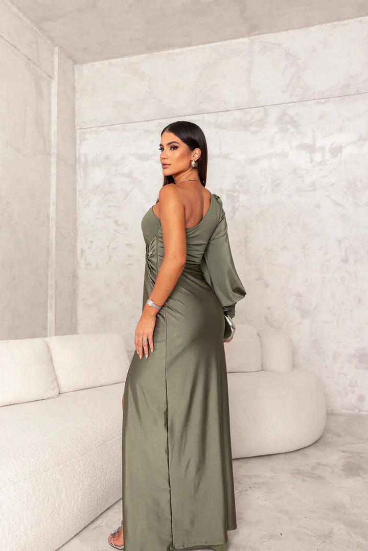 Elegant one-shoulder satin party dress, draped silhouette, formal occasions.