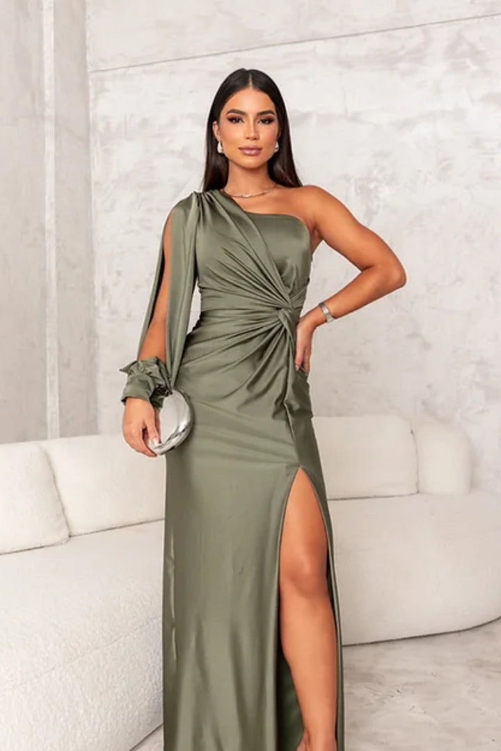 Wedding guest one-shoulder satin evening gown, chic and sophisticated.