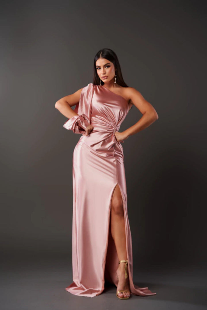 Formal one-shoulder drape satin dress, women's special occasion glamour wear.