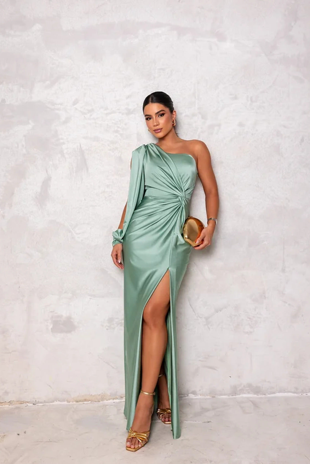 Formal one-shoulder satin gown for women, elegant drape detail, evening party.