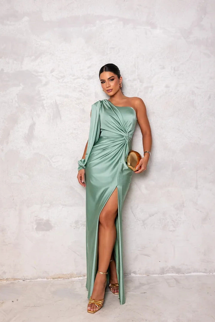 Formal one-shoulder satin gown for women, elegant drape detail, evening party.
