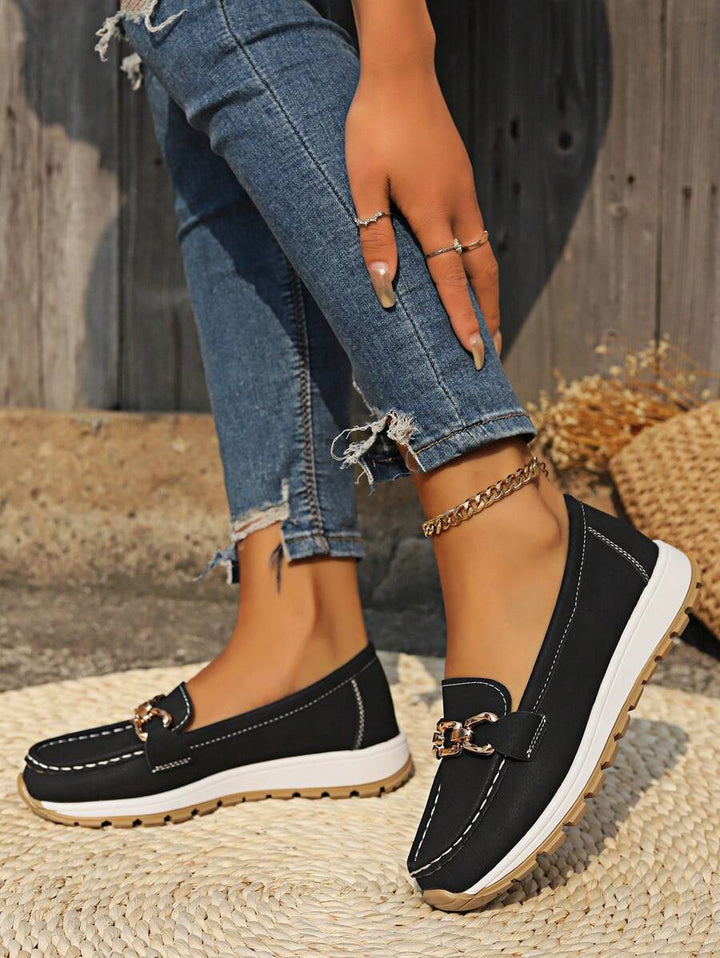 Women's fashion flatform loafers with gold chain. Effortless slip-on shoes for elegant casual & spring summer styles.