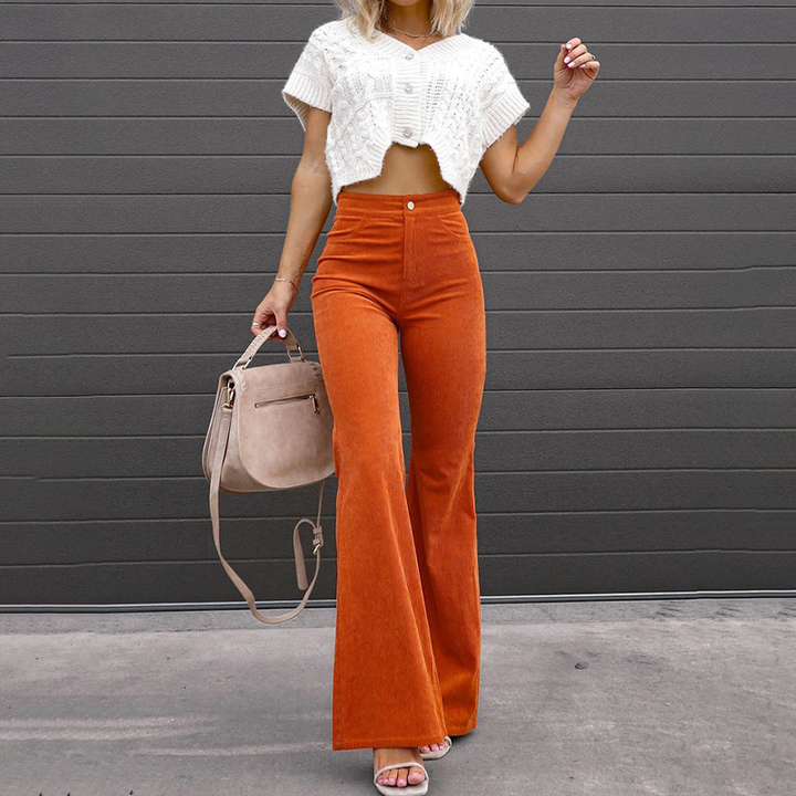 Statement high-waisted flared trousers, elevating women's retro style & comfort.