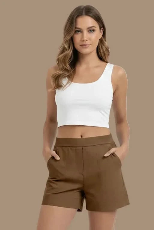 Stylish women's high waist everyday shorts. Comfortable summer bottoms, perfect for active or casual wear.