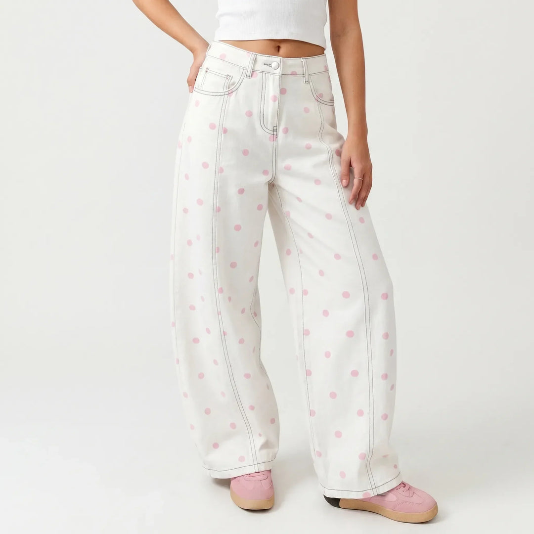 Fashionable high-waisted barrel pants for women, featuring a trendy dotted design and relaxed fit.