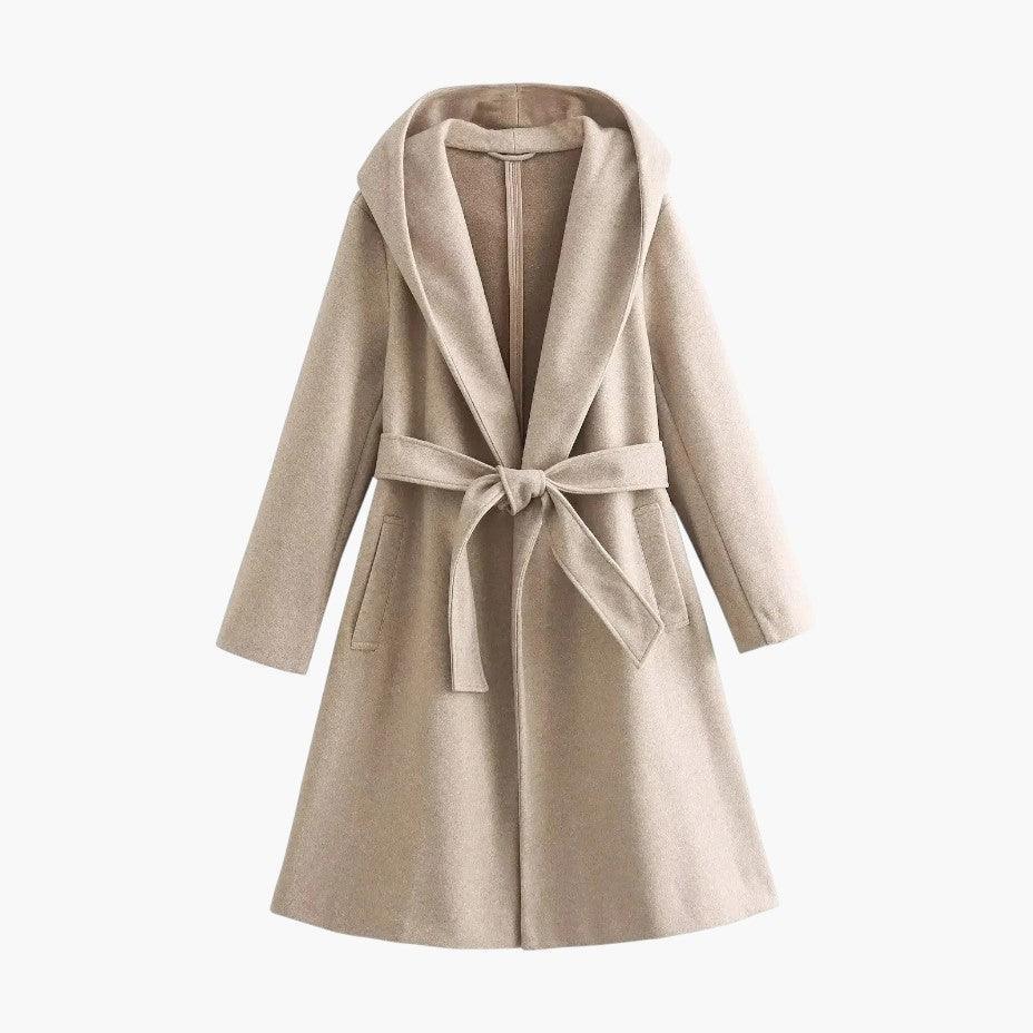 Back view of a women's hooded belted trench coat, showcasing its elegant and weather-ready design.