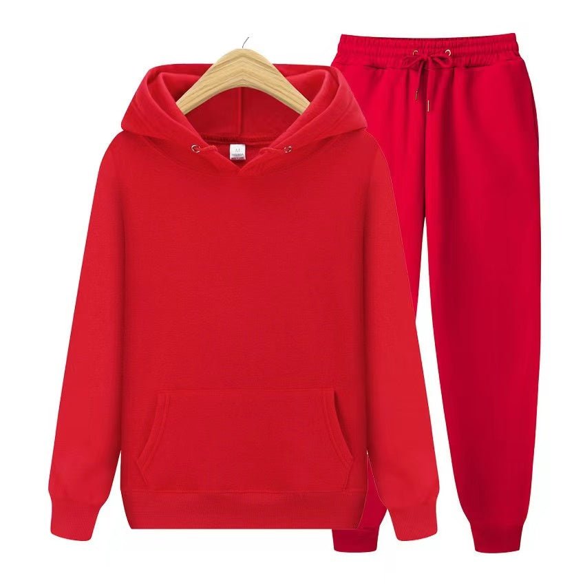 Front view of women's hooded sweatshirt and jogger pants set, emphasizing the relaxed fit.