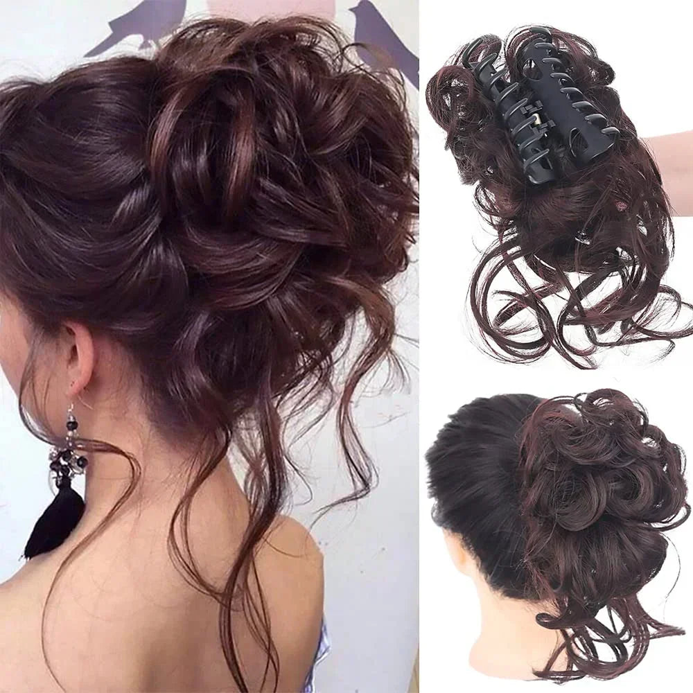 Voluminous curly bun hair extension for women, a simple clip for a chic, messy updo.