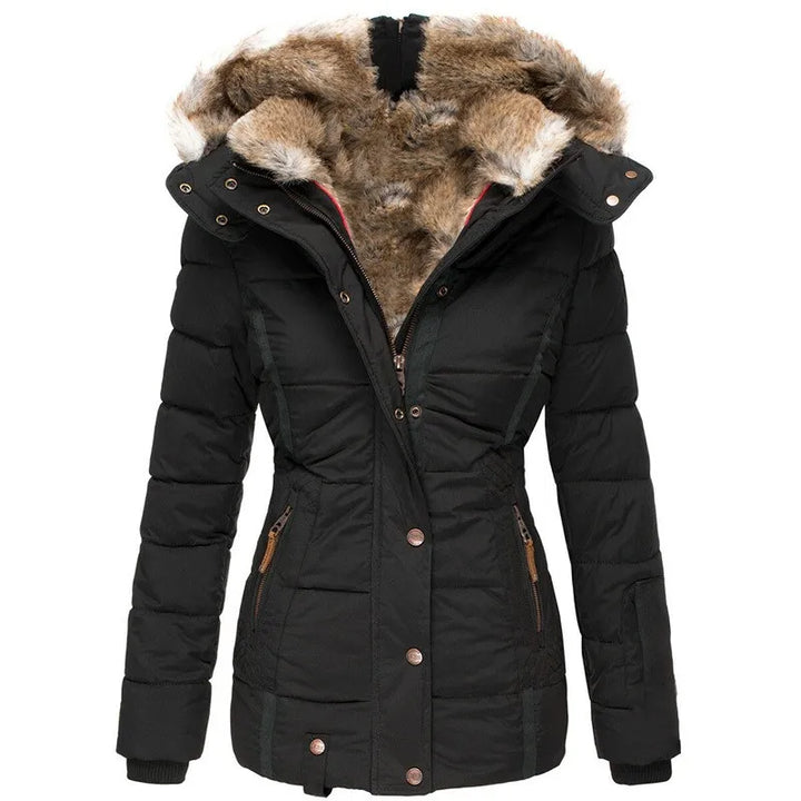 Essential women's hooded winter outerwear, insulated and warm for cold weather style.