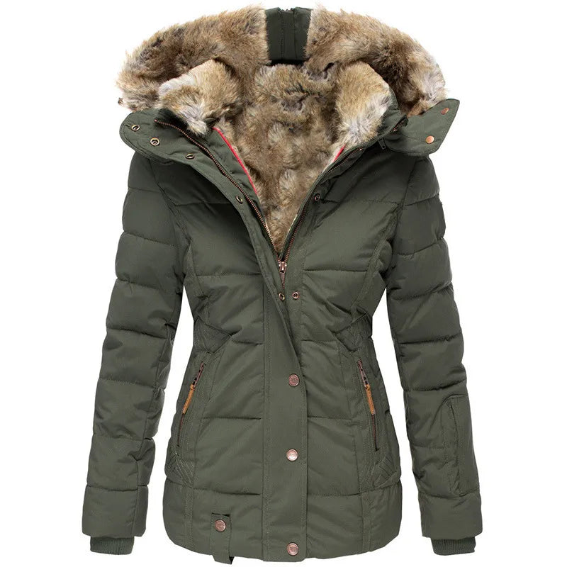 Fashionable women's outerwear: Insulated puffer jacket with a detachable hood for winter.