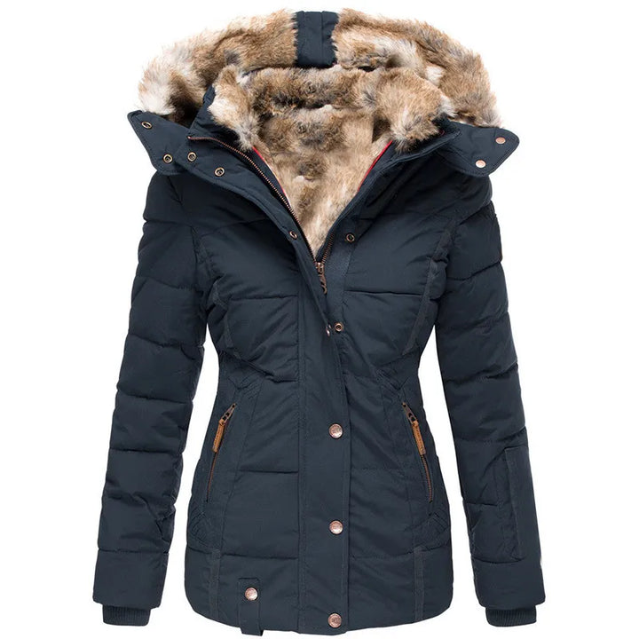 Women's cold weather jacket, insulated and hooded, providing warmth and style in winter.