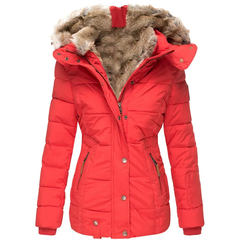 Cozy women's insulated hooded jacket, perfect winter outerwear for warmth & comfort.