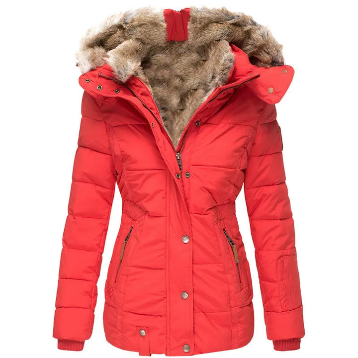 Cozy women's insulated hooded jacket, perfect winter outerwear for warmth & comfort.
