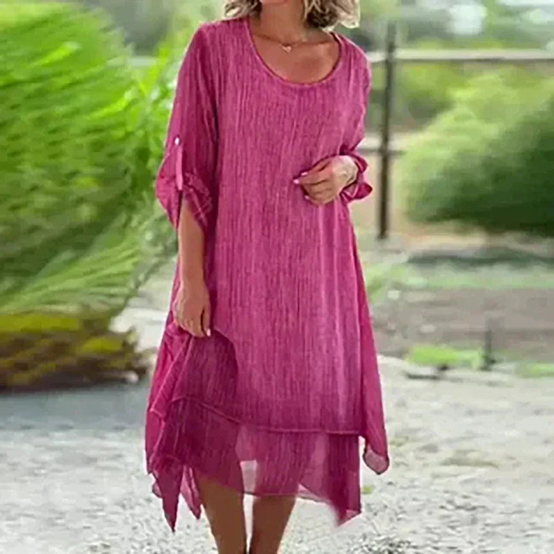 Lightweight layered midi dress for women, 3/4 sleeves, a flowy design for chic summer casual outfits.