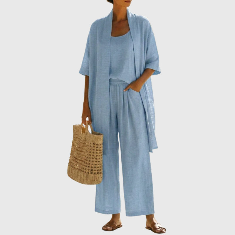 Ultra-comfortable women's 3-piece set. Lightweight, breathable, airy feel for summer casual or elegant style.