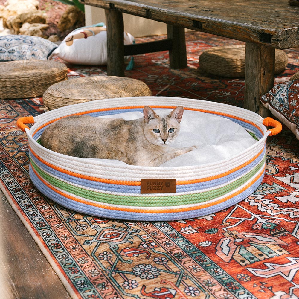 Lightweight cotton woven pet carrier beach bag displayed in a sunny outdoor setting, summer ready.